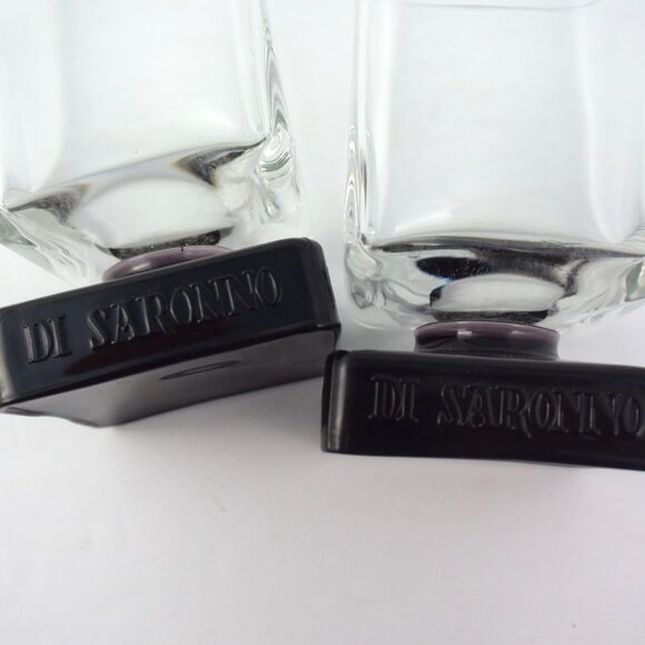 2 Vintage Disaronno Liqueur Pedestal Glasses Square w Black Embossed Bases - Picture 5 of 6